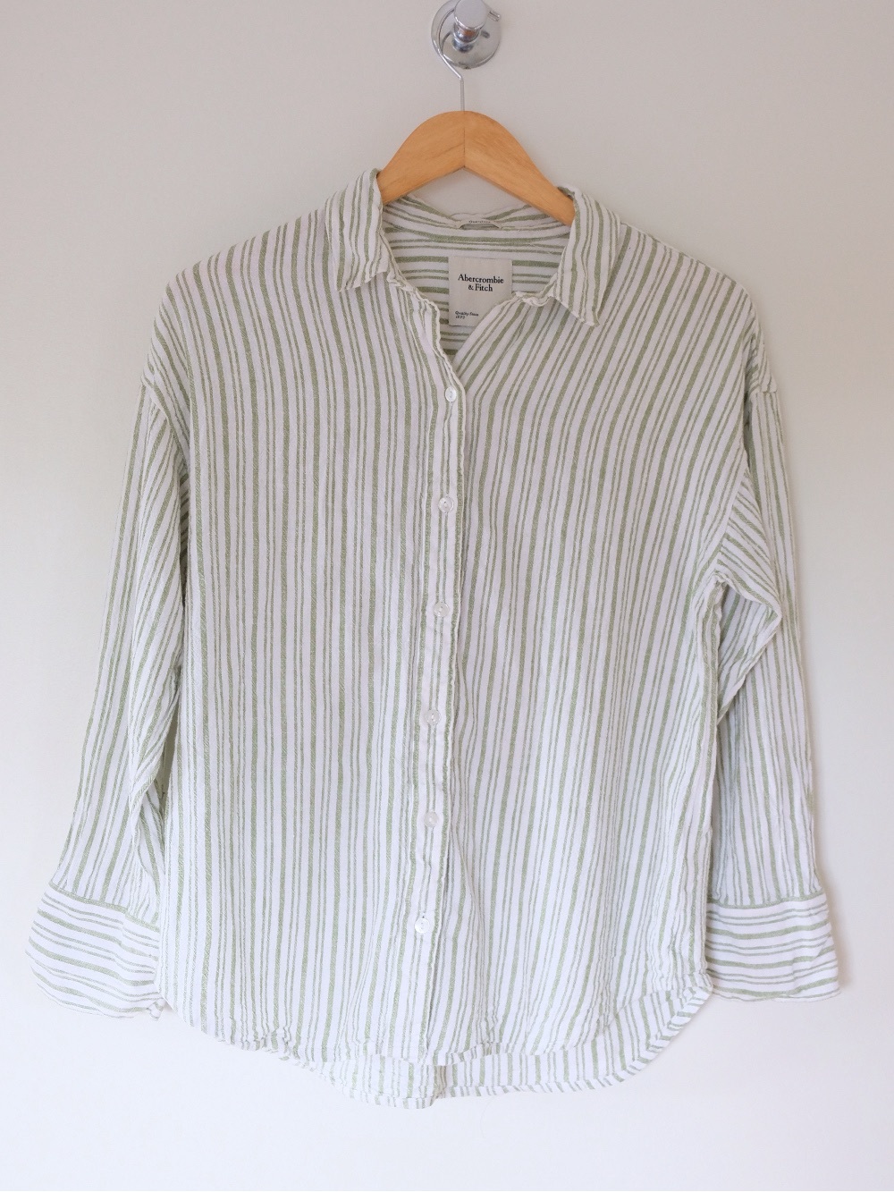 Abercrombie & Fitch Oversized Lime Green and White Striped Linen Shirt M